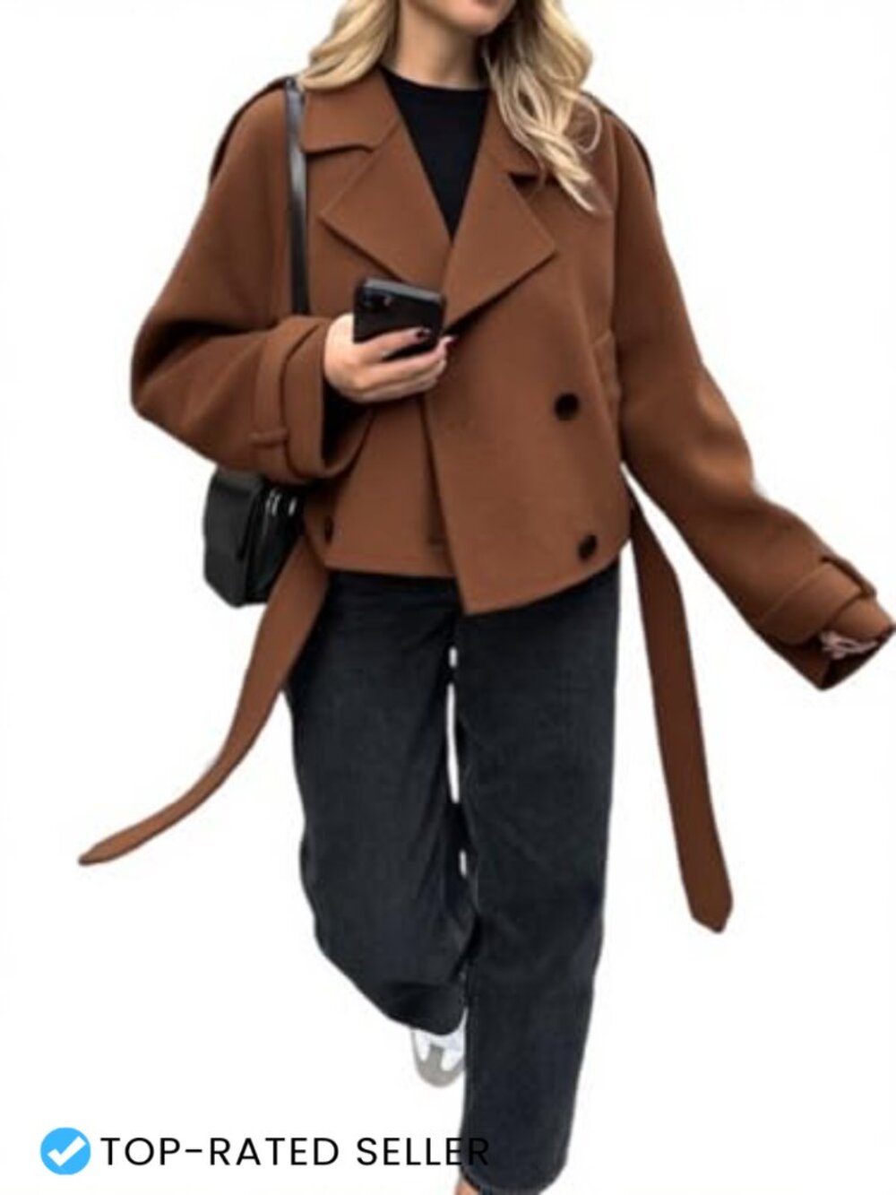 Womens Cropped Wool Blend Pea Coat Belted Double Breasted Trench Jacket